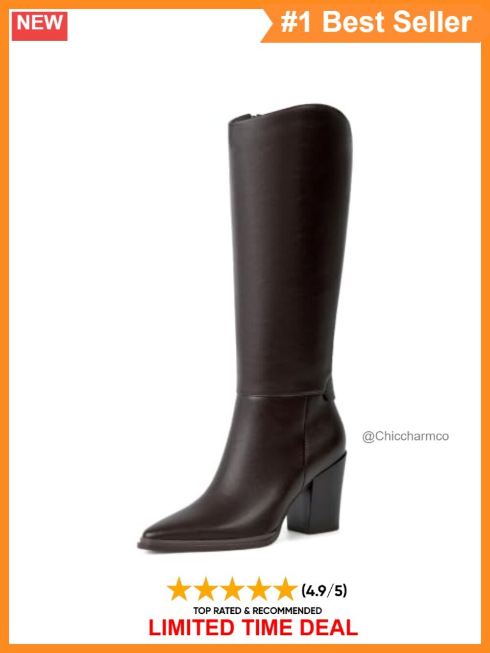 Pointed Toe Knee High Boots Chunky Heel Tall Faux Leather